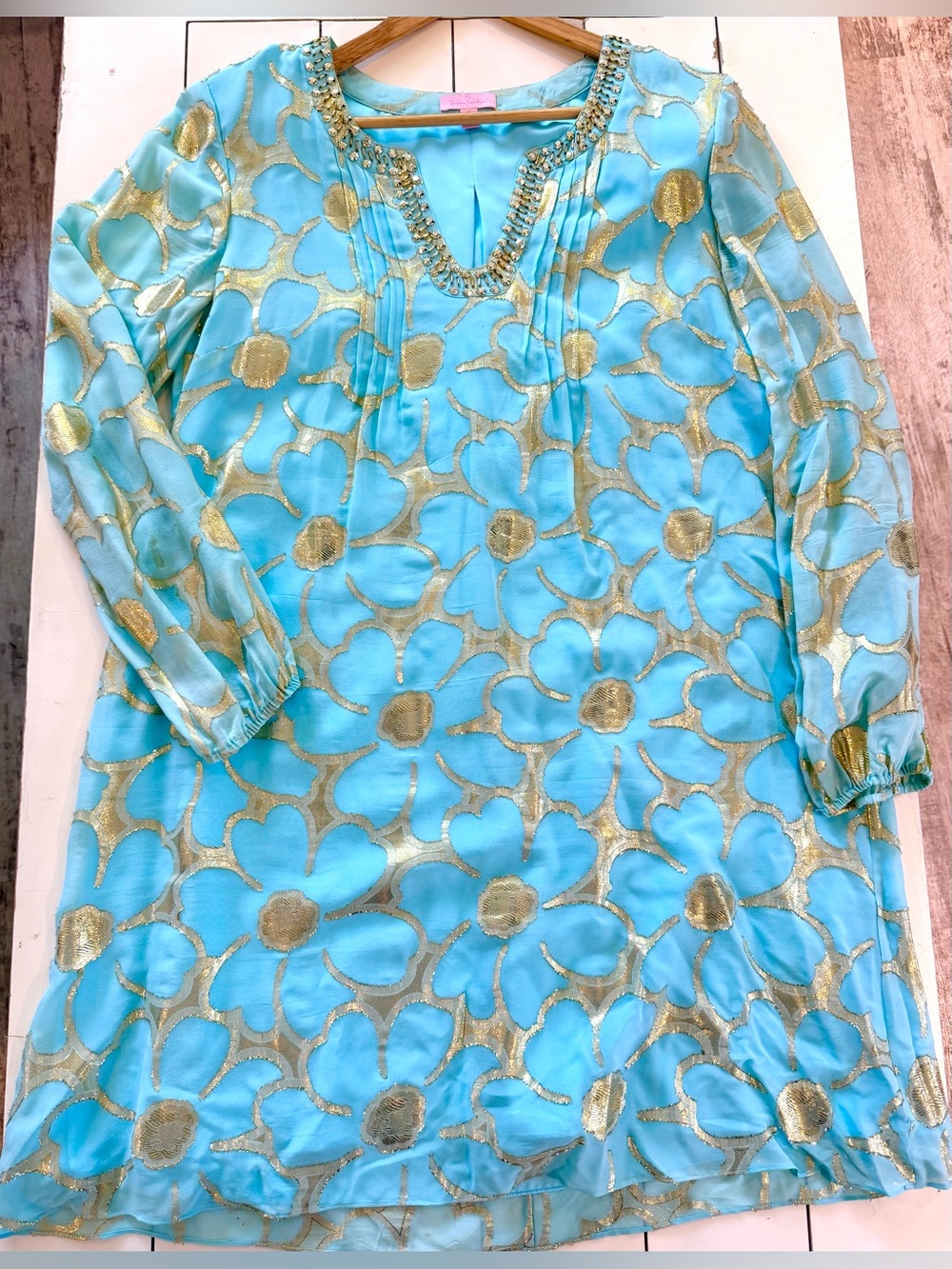 Lilly Pulitzer light blue Gold Metallic Dress Beaded Neck Resort Cocktail Sz 14